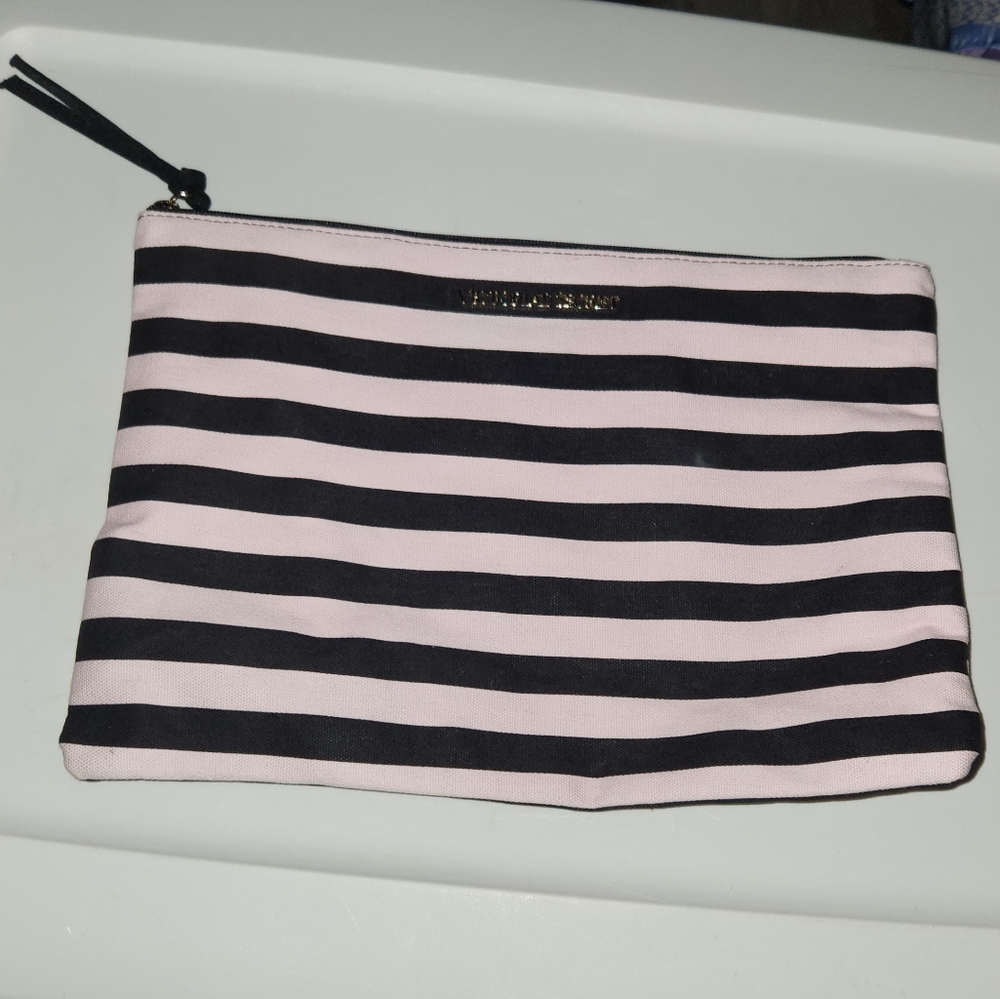 NEW VICTORIA'S SECRET Pink & Black Striped Zipper Pouch Case